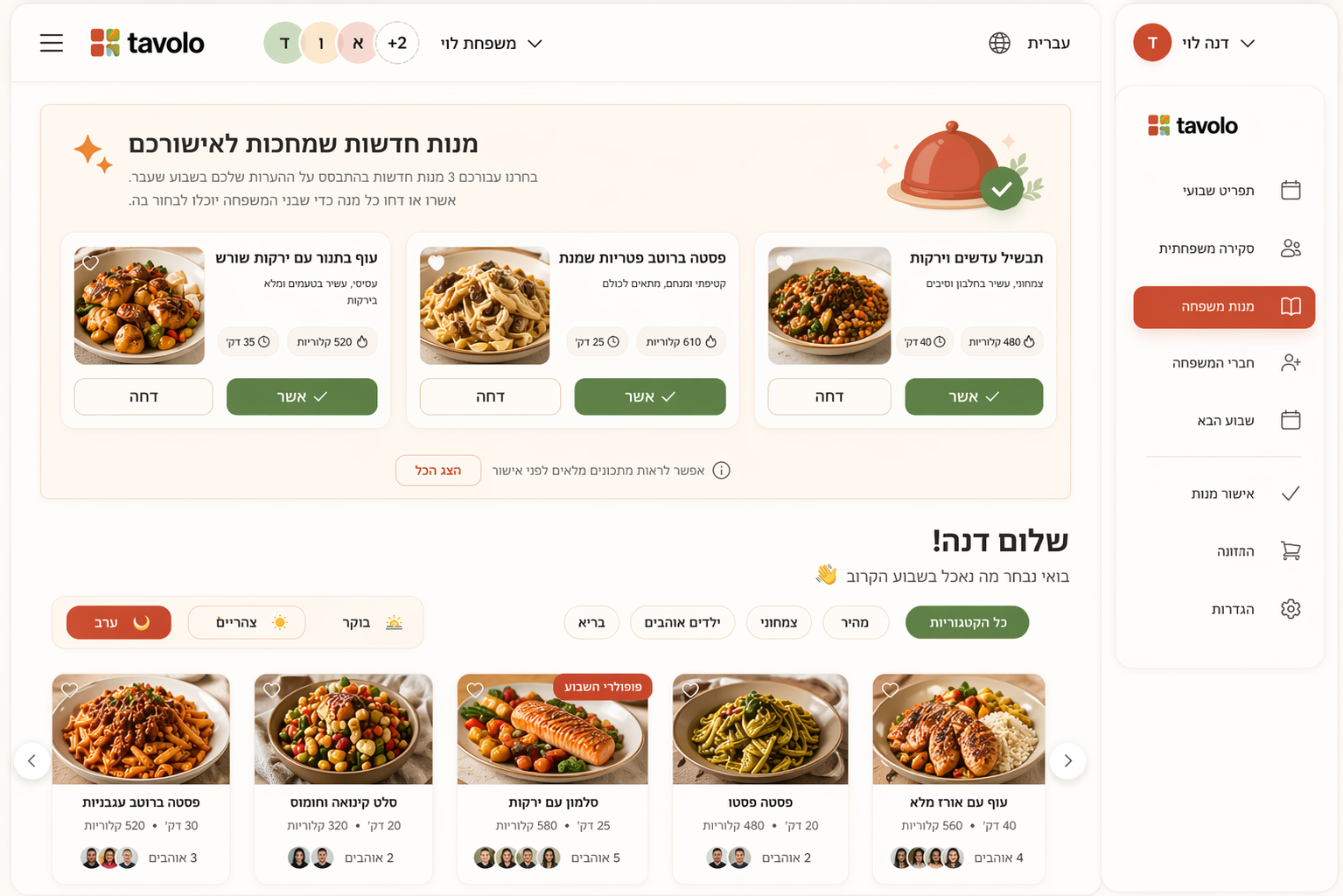 Tavolo family dashboard — approve the week's suggested dishes